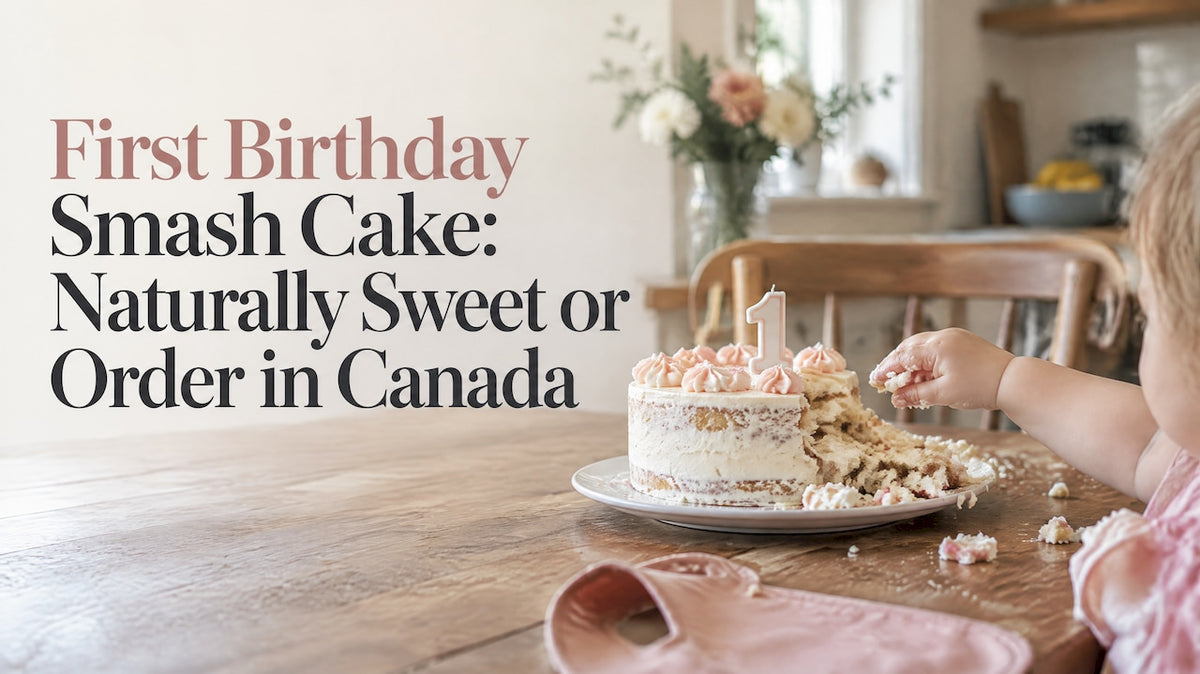 Toddler reaching toward a first birthday cake