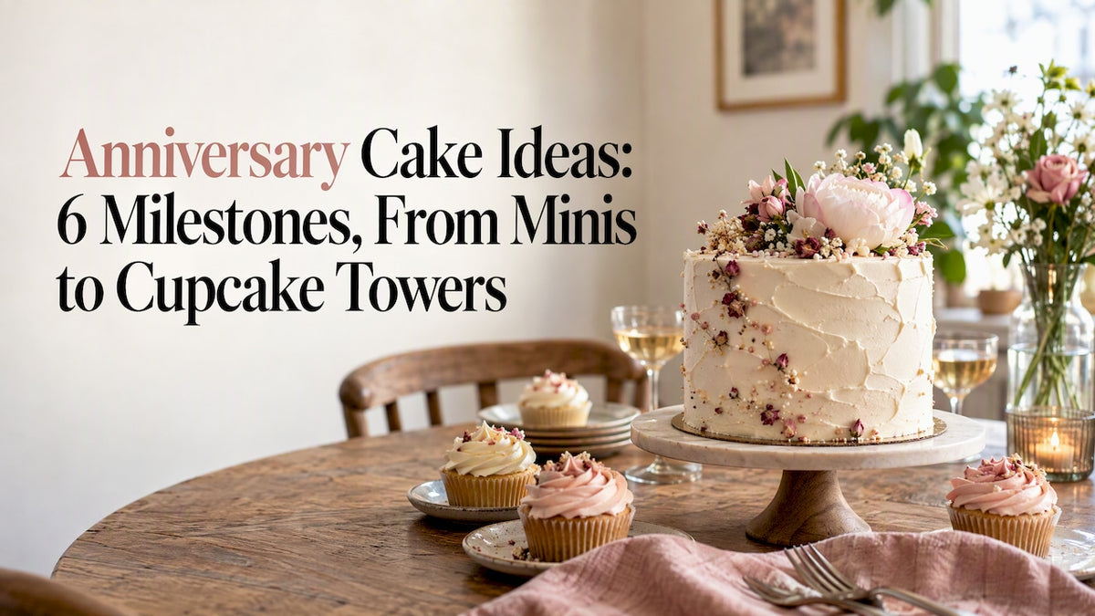 Anniversary cake with cupcakes on a dinner table