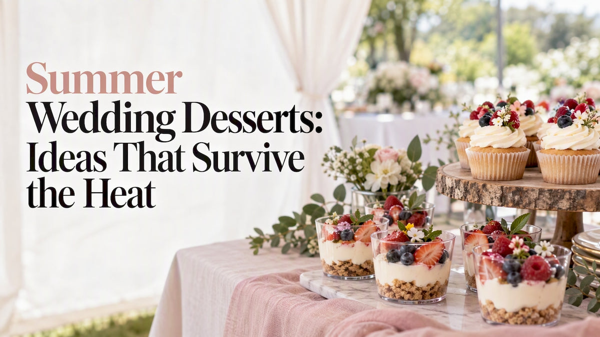 Portable wedding desserts beneath a shaded tent