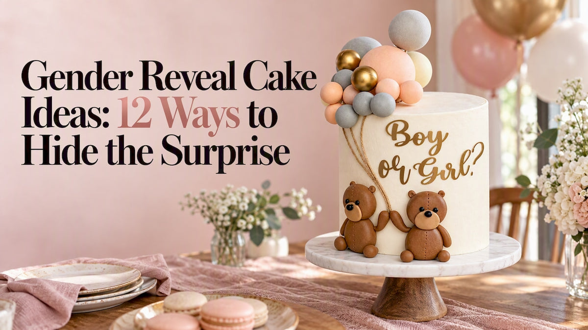 Madebyakb gender reveal cake on blush table