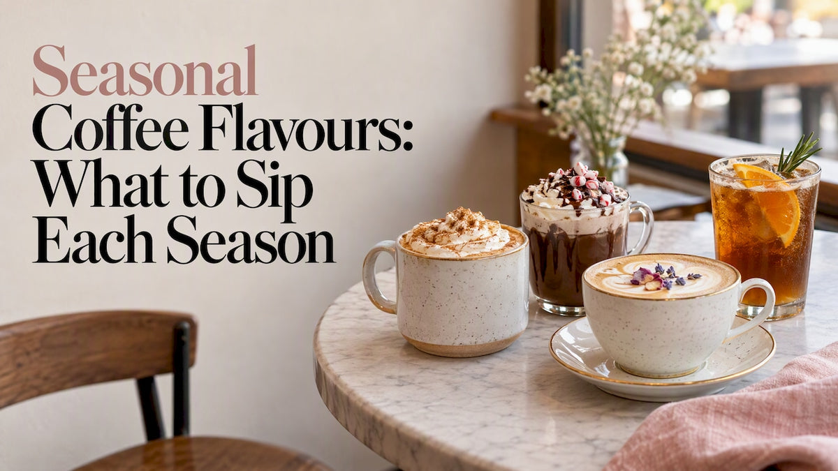 Seasonal coffee drinks on a café table