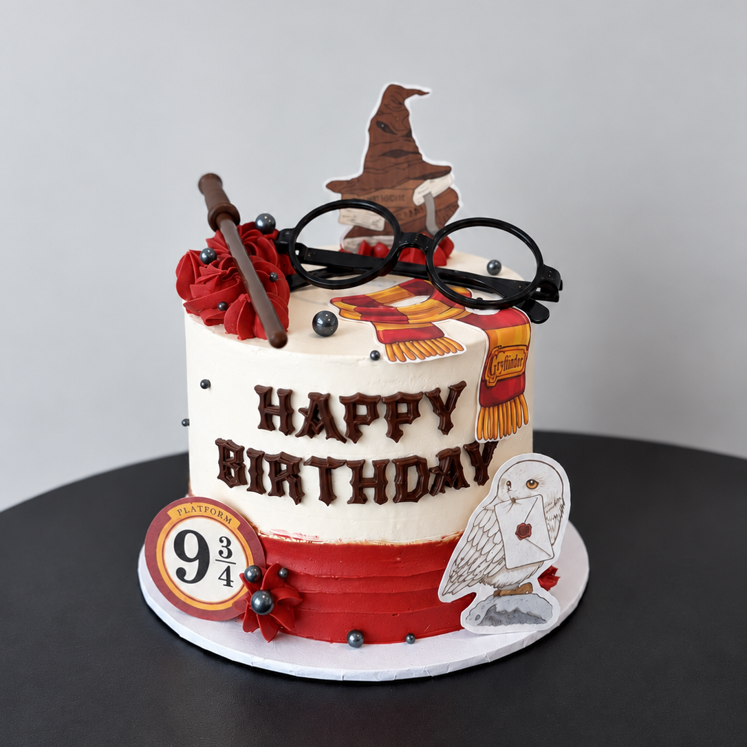 white and red cake with happy birthday lettering, a wizard hat, round glasses, a wand, a striped scarf and an owl topper